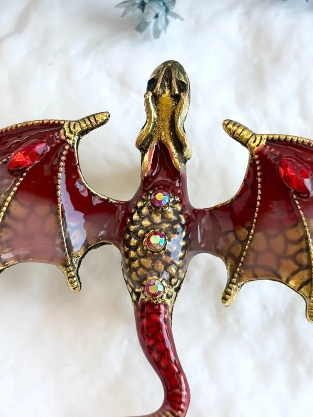 Flying Dragon Figural Red Winged Enameled Rhinestone Ornate Textured Brooch Pin